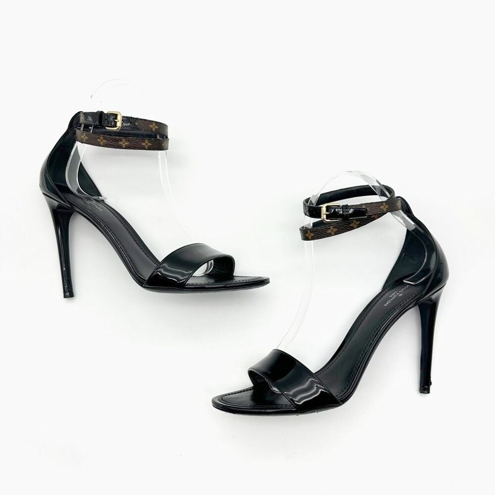 LOUIS VUITTON Fluer Call Back Black Sandal Heels Size 39 Logo Leather Monogram - Picture 7 of 13